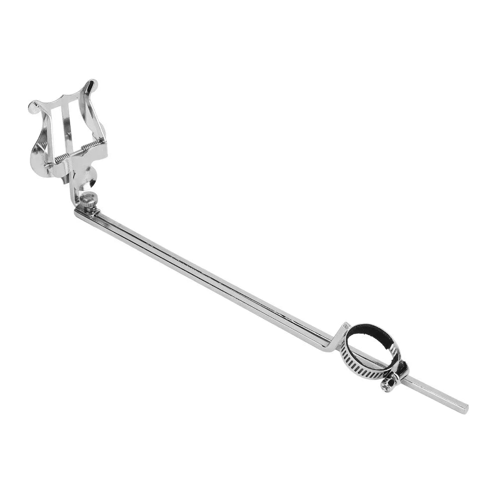 Silver flute music lyre stand with shiny chrome finish adjustable clamp and threaded end cup holder expander
