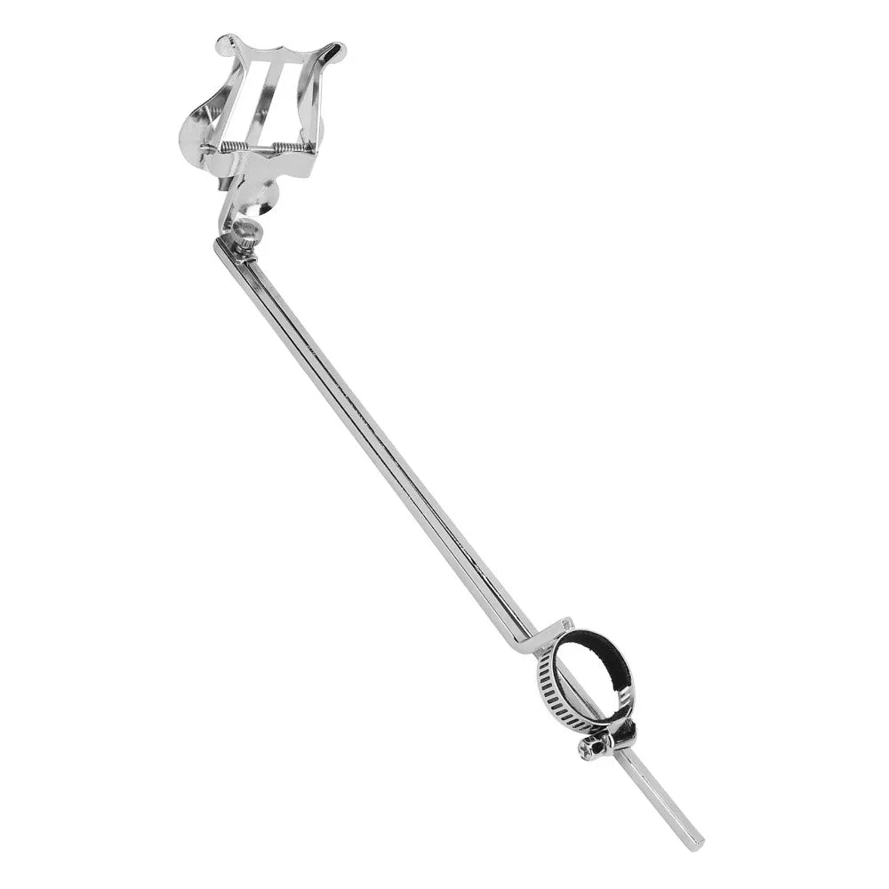 Silver flute music clip with shiny chrome lyre shape, adjustable arm, and cup holder expander for stable sheet music display