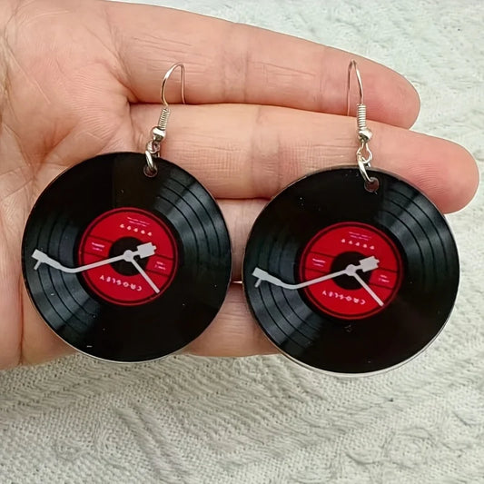 Black circular earrings with classic style vinyl record retro phonograph design and glass ladies pendants for music lovers