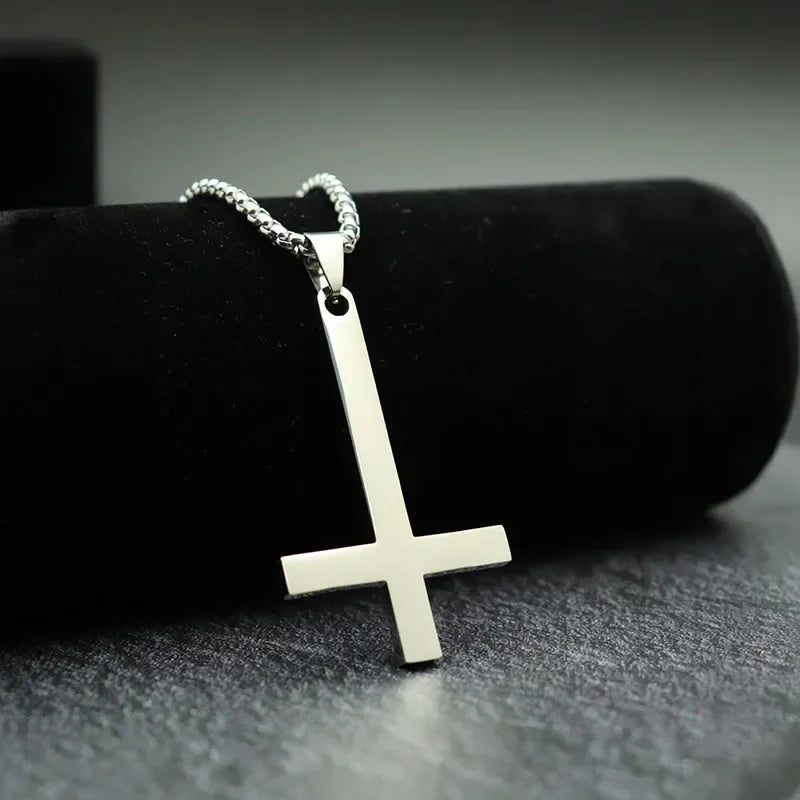 Silver inverted cross pendant on stainless steel beaded chain christ cruz necklace for men boys cool circle pendant necklaces