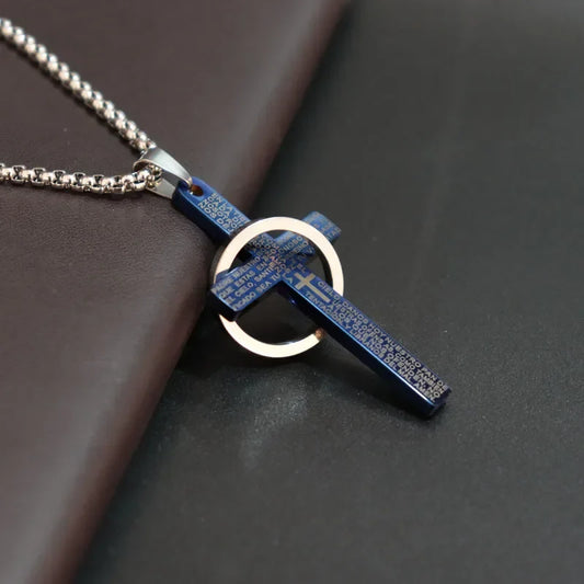 Blue and silver stainless steel chain christ cruz pendant with engraved text for men boys cool circle pendant necklaces