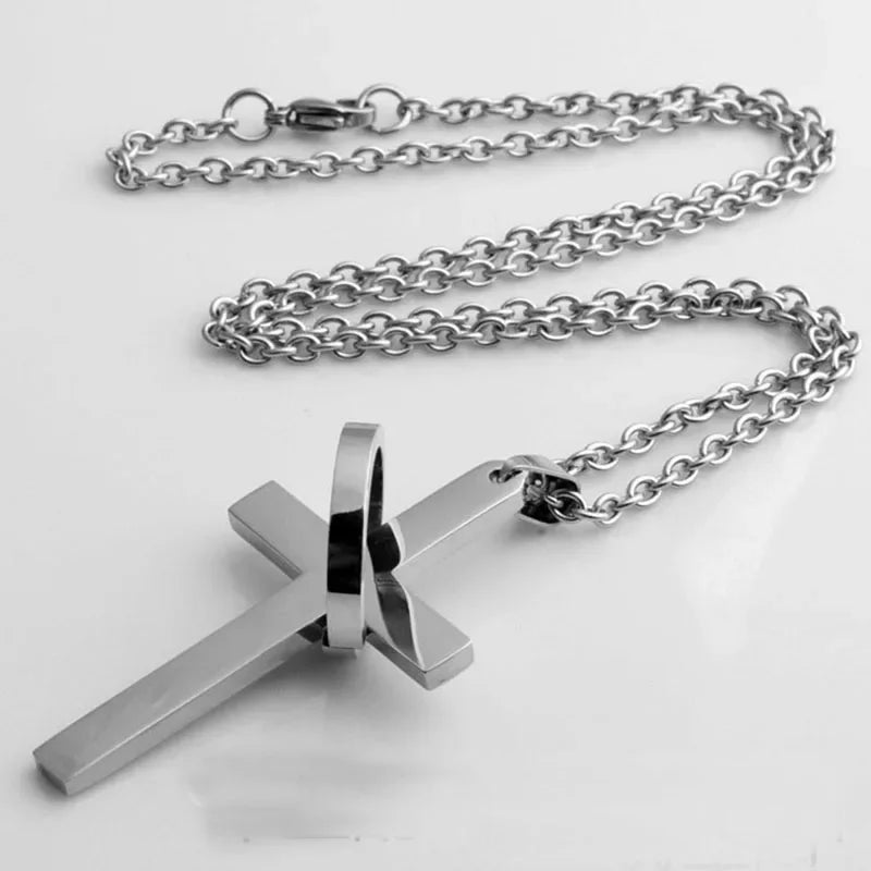 Silver stainless steel simple cross with circle pendant necklace with sturdy chain christ cruz men boys cool jewelry