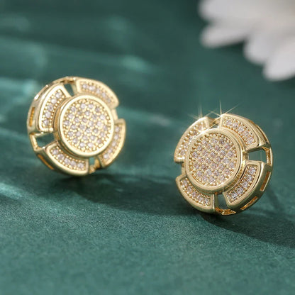 Gold-toned stud earrings with a circular flower design and pave-set crystals for men and women punk style