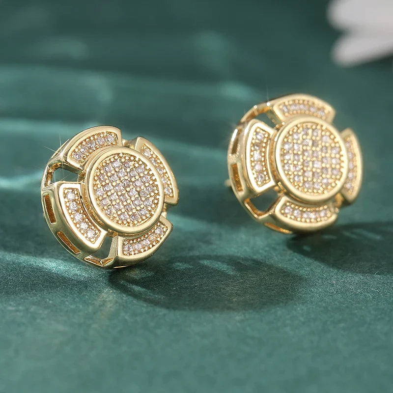 Gold-toned flower-shaped stud earrings adorned with clear crystals for men and women punk rock jewelry