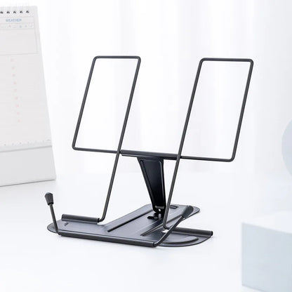 Black metal reading stand with adjustable height and angled support arms for portable music score and bookshelf use