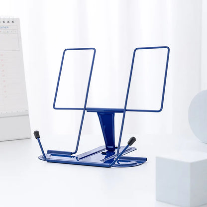 Blue metal reading stand with adjustable arms and rubber feet foldable and stable music score stand portable