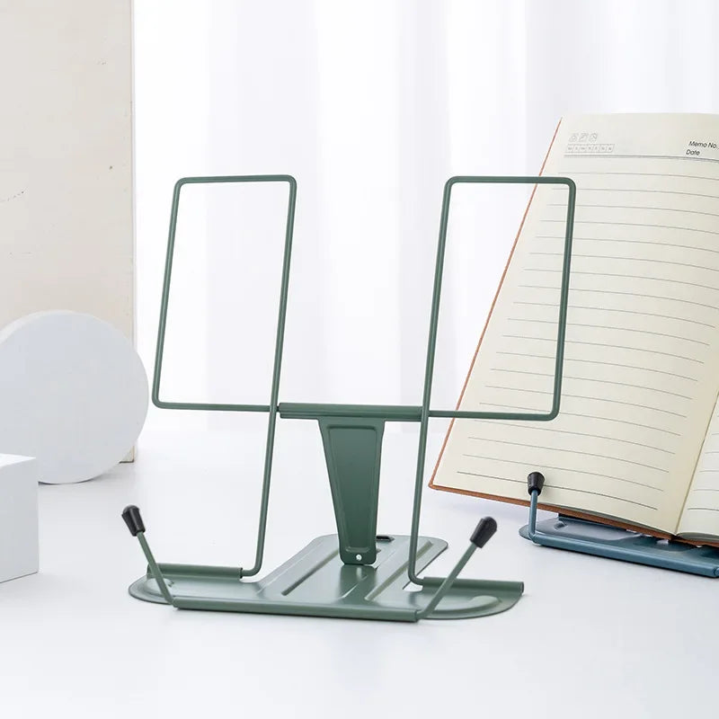 Green metal reading stand with adjustable arms and flat base foldable adjustable bookshelf portable music score stand