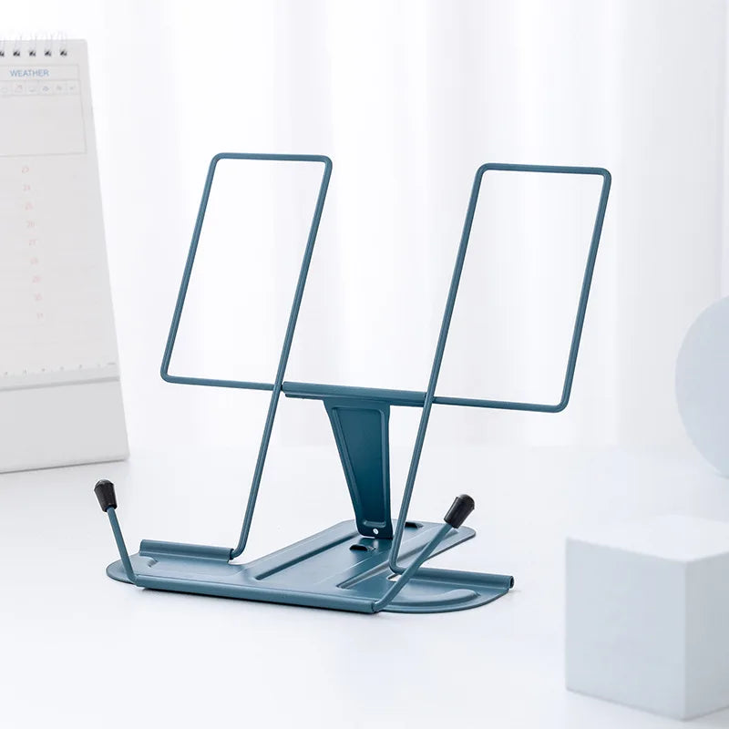 Teal metal reading stand with adjustable height and two rectangular slots for books foldable and portable music score stand