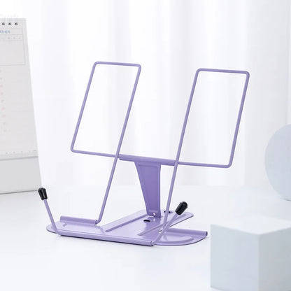 Purple metal reading stand with adjustable height and two rectangular slots for adjustable bookshelf portable use