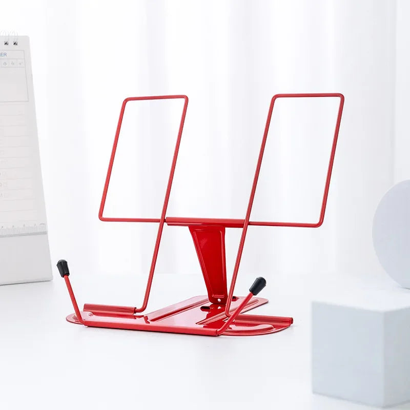 Red metal reading stand with adjustable arms and black rubber feet foldable metal reading stand for music score use