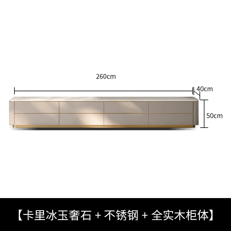 Modern beige marble-top ornament tv stand with stainless steel accents and solid wood base for television salon home use