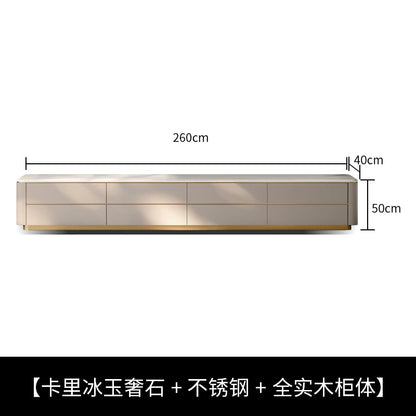 Modern beige marble-top ornament tv stand with stainless steel accents and solid wood base for television salon home use