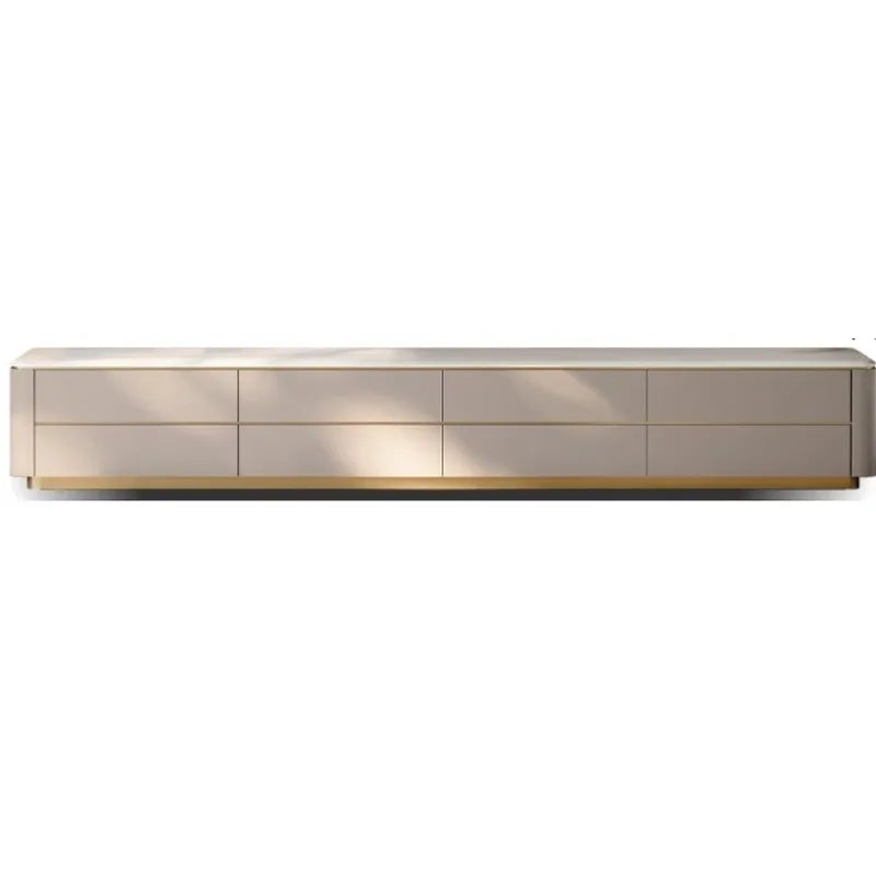 Modern beige lacquered ornament tv stand with gold-tone drawer pulls and minimalist stand floor design for television salon home