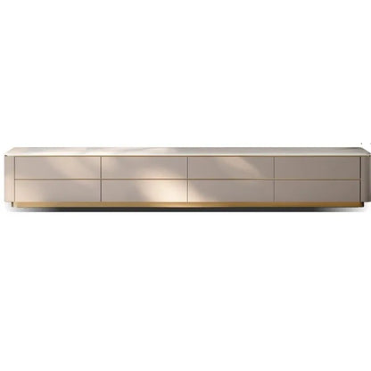 Modern beige lacquered ornament tv stand with gold-tone drawer pulls and minimalist stand floor design for television salon home