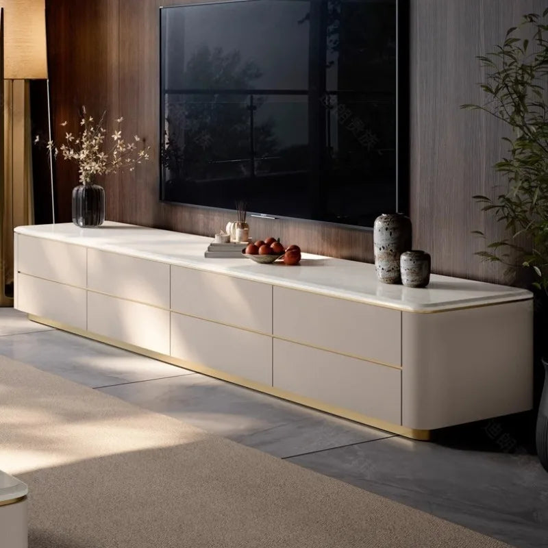 Modern cream-colored ornament tv stand with sleek minimalist design and subtle gold trim for television salon home use