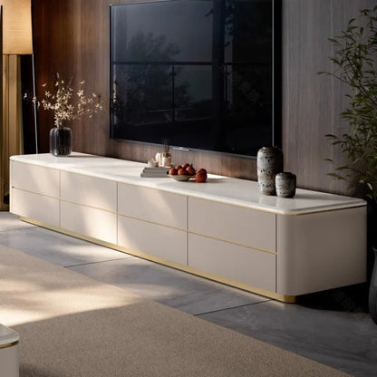 Modern cream-colored ornament tv stand with sleek minimalist design and subtle gold trim for television salon home use