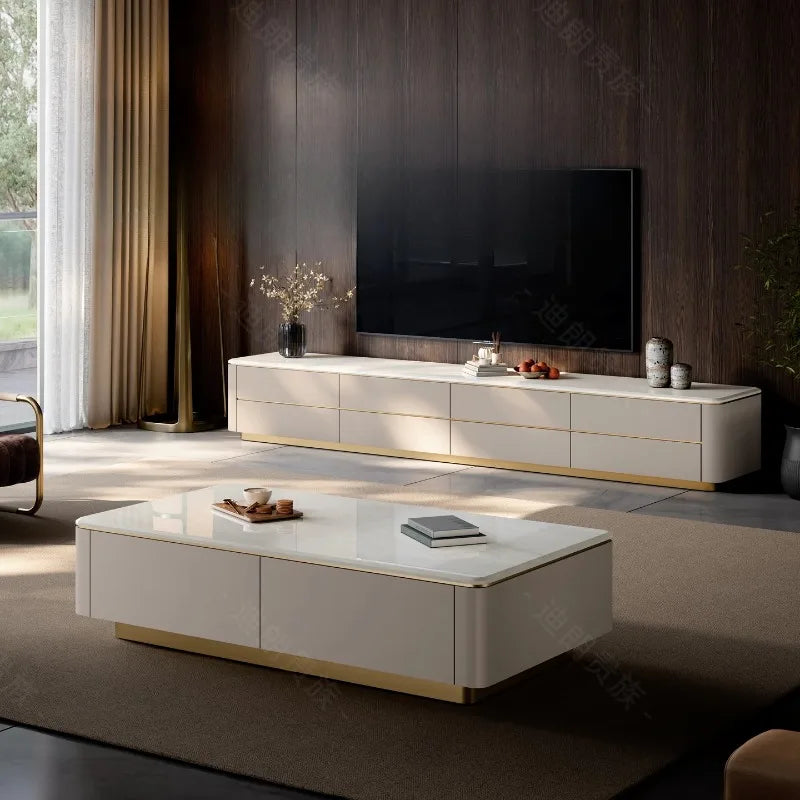 Modern white and gold minimalist ornament tv stand with sleek drawers for television salon home stand floor design