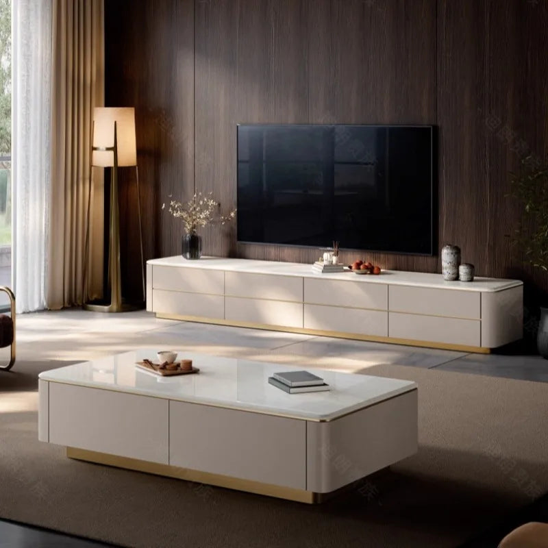 Modern white lacquered ornament tv stand with gold-tone trim and minimalist drawers for television salon home use