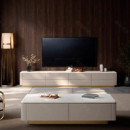 Modern white marble top coffee table with gold tone base and minimalist drawers for television salon home use