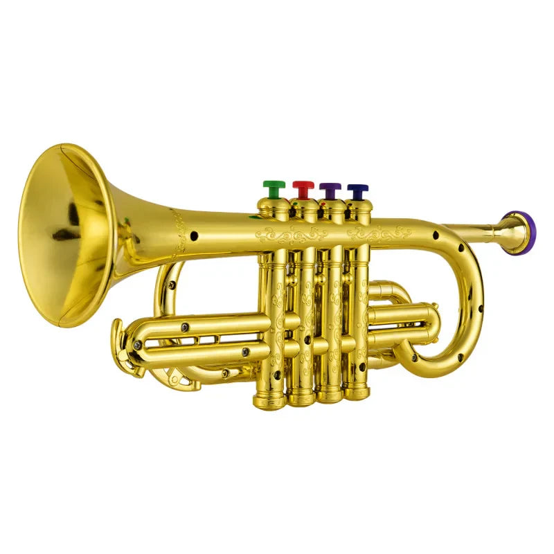 Golden brass simulated trumpet music wind instrument with colorful green red purple blue valve caps made of environmentally friendly abs material