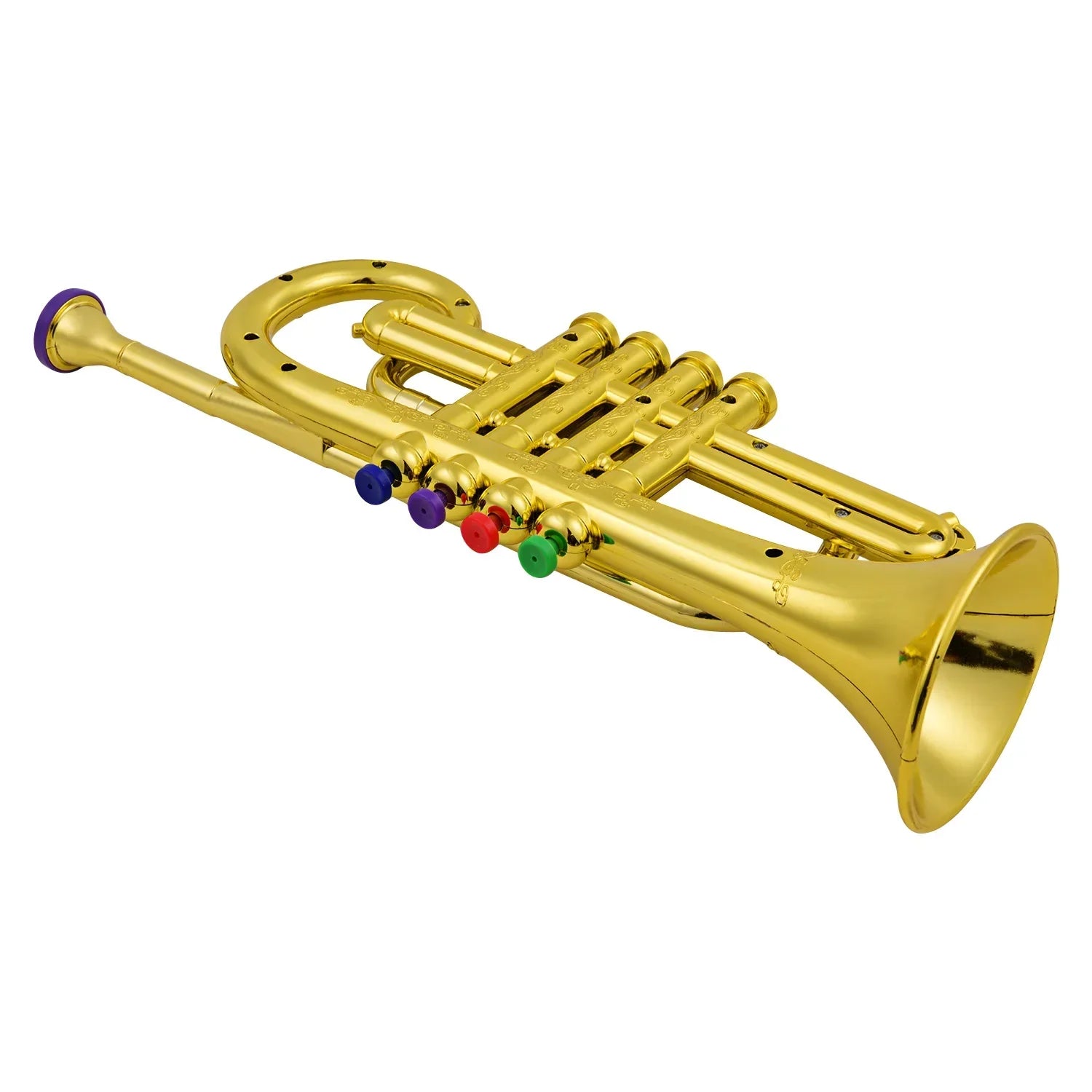 Golden brass simulated trumpet music wind instrument with colorful valves made of played environmentally friendly abs material