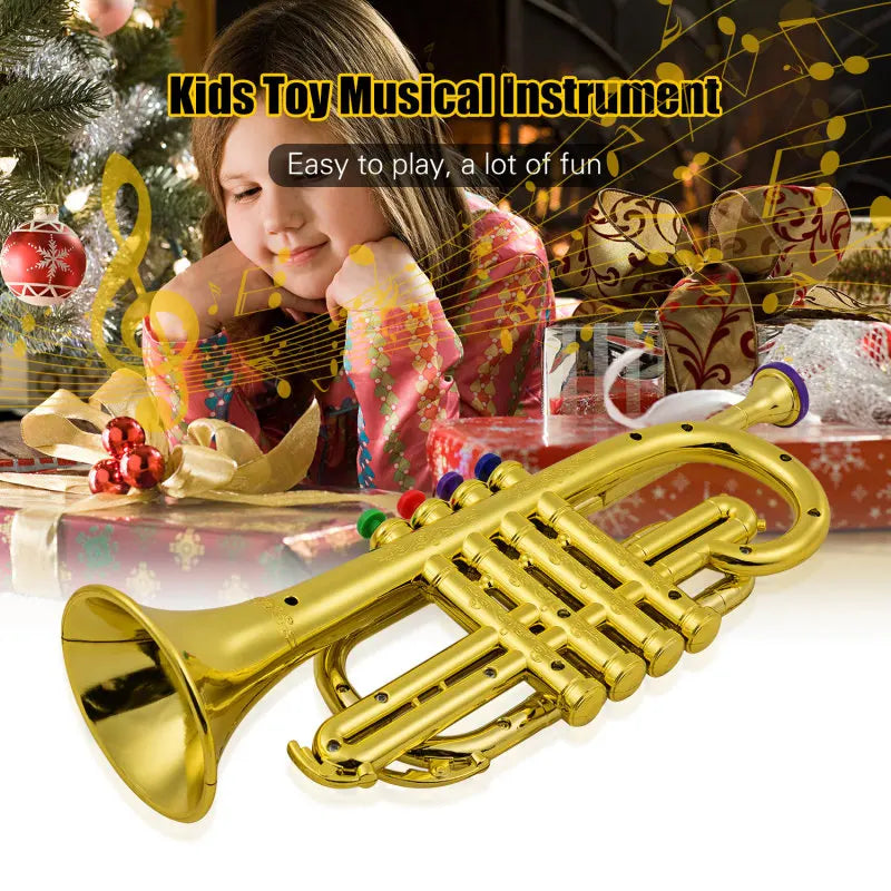 Golden plastic simulated trumpet music wind instrument with colorful key caps made from played environmentally friendly abs material