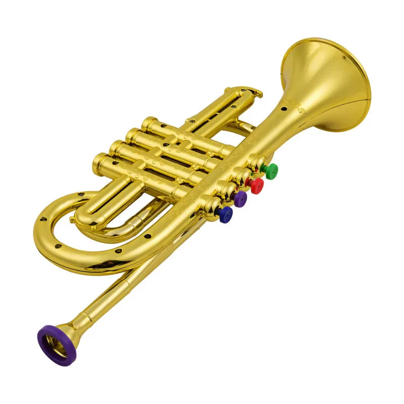 Golden simulated trumpet music wind instrument with colorful valve caps made of played environmentally friendly ABS material