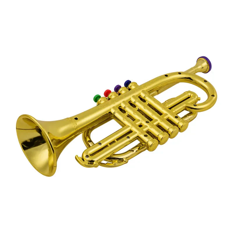 Golden simulated trumpet music wind instrument with colorful key caps made of played environmentally friendly abs material