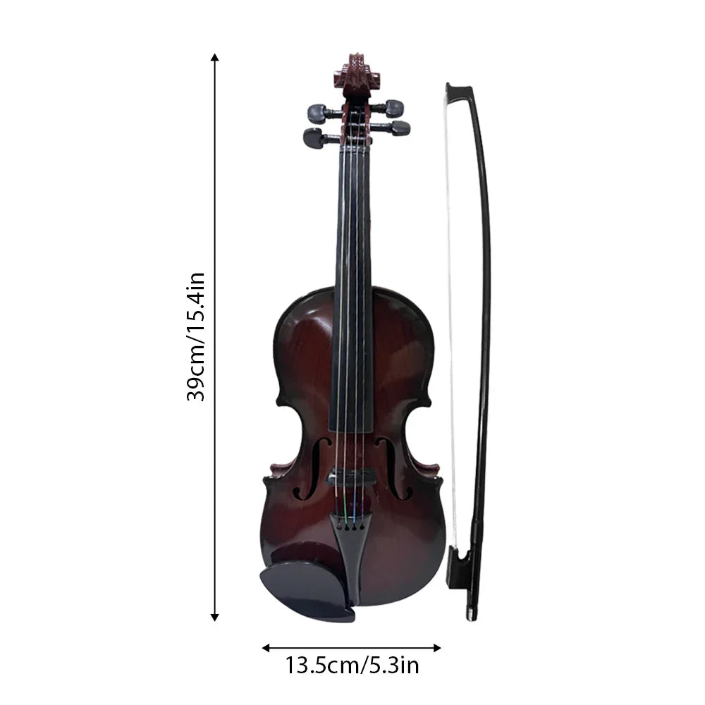 A polished dark brown wooden simulated violin music practice violin kit with classic f-holes and black fittings for performance props gifts
