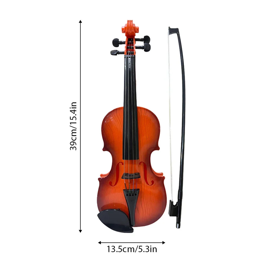 A polished wooden simulated violin music practice violin kit with amber finish and black hardware and matching bow performance props gifts