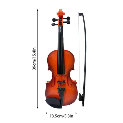 A polished wooden simulated violin music practice violin kit with amber finish and black hardware and matching bow performance props gifts