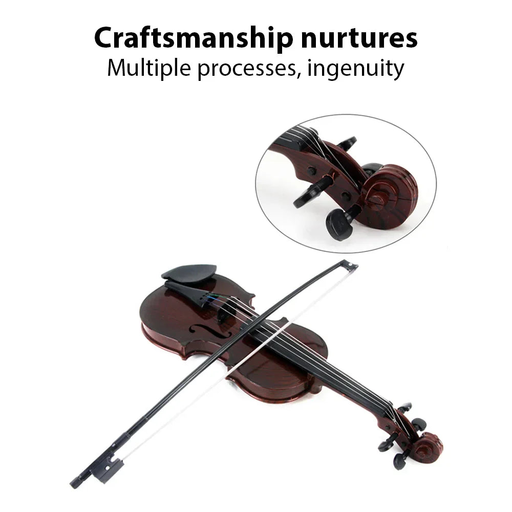 Dark brown wooden simulated violin music practice violin kit with black scroll and matching bow for performance props gifts