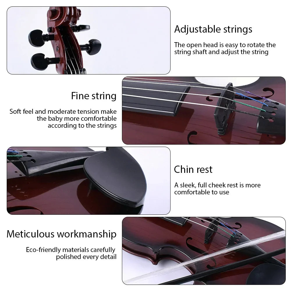 A polished dark brown wooden practice violin kit with black fittings and adjustable strings ideal for simulated violin music and performance props gifts