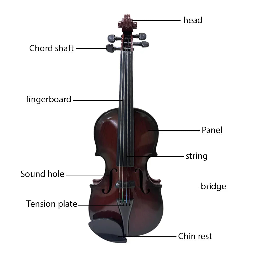 A polished dark brown wooden simulated violin music practice violin kit with traditional f-hole design for performance props gifts