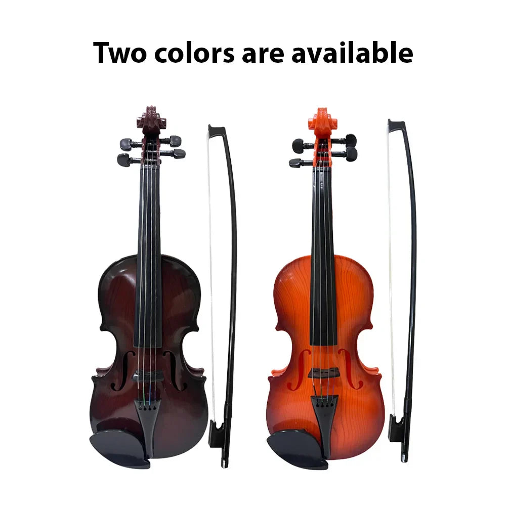 Two simulated violin music practice violin kits in deep brown and warm orange with bows for performance props gifts