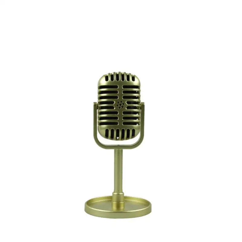 Vintage-style gold-colored vocal microphone vintage with classic grille and universal stand for live performanc karaoke use