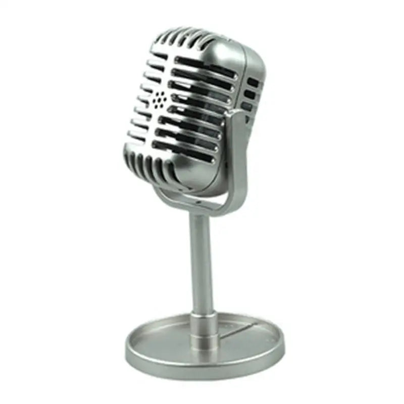 Silver simulation classic retro vocal microphone vintage desk ornament with grille and stand for live performanc karaoke