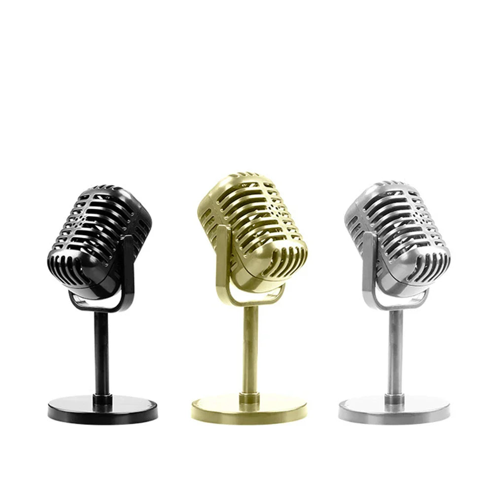 Three vintage style simulation classic retro dynamic vocal microphone desk ornaments in black gold and silver for live performanc karaoke