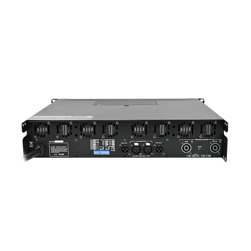 Black sinbosen channel 2u rack power amplifier with xlr rca inputs ventilation grilles and blue led indicator