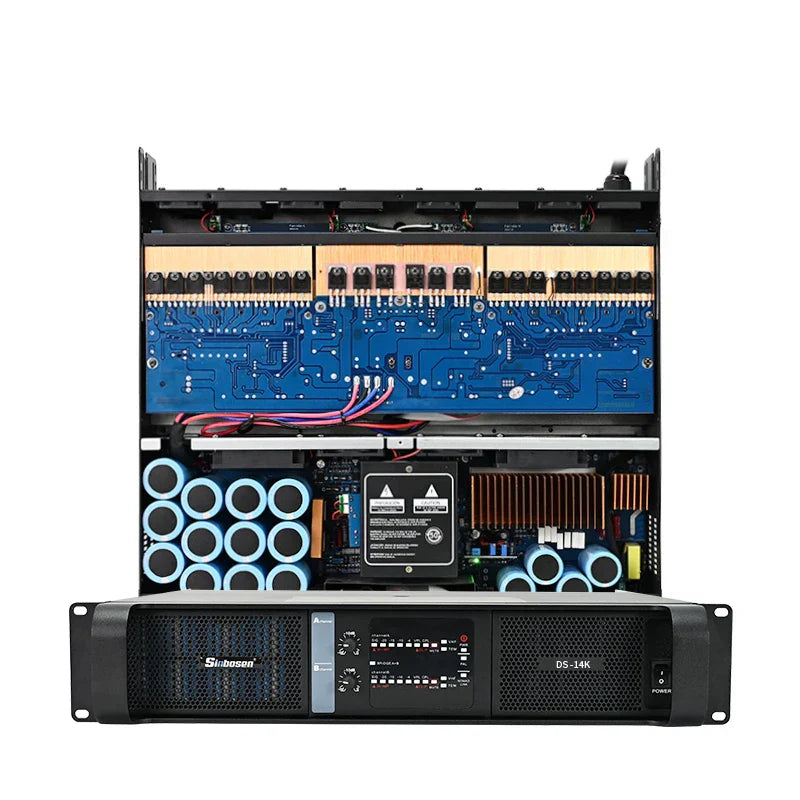 Black sinbosen channel 2u rack professional power amplifier with blue circuit boards and copper heat sinks for subwoofer use
