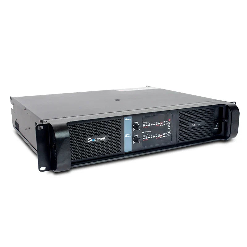 Black simbosen qb-mk 2 channel 2u rack professional audio power amplifier with perforated metal grille for subwoofers