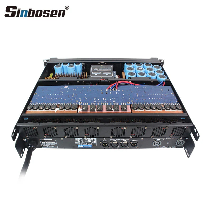 Black sinbosen ds-14k 2 channel 4000w sound professional subwoofer power amplifier with blue circuit board and capacitors visible