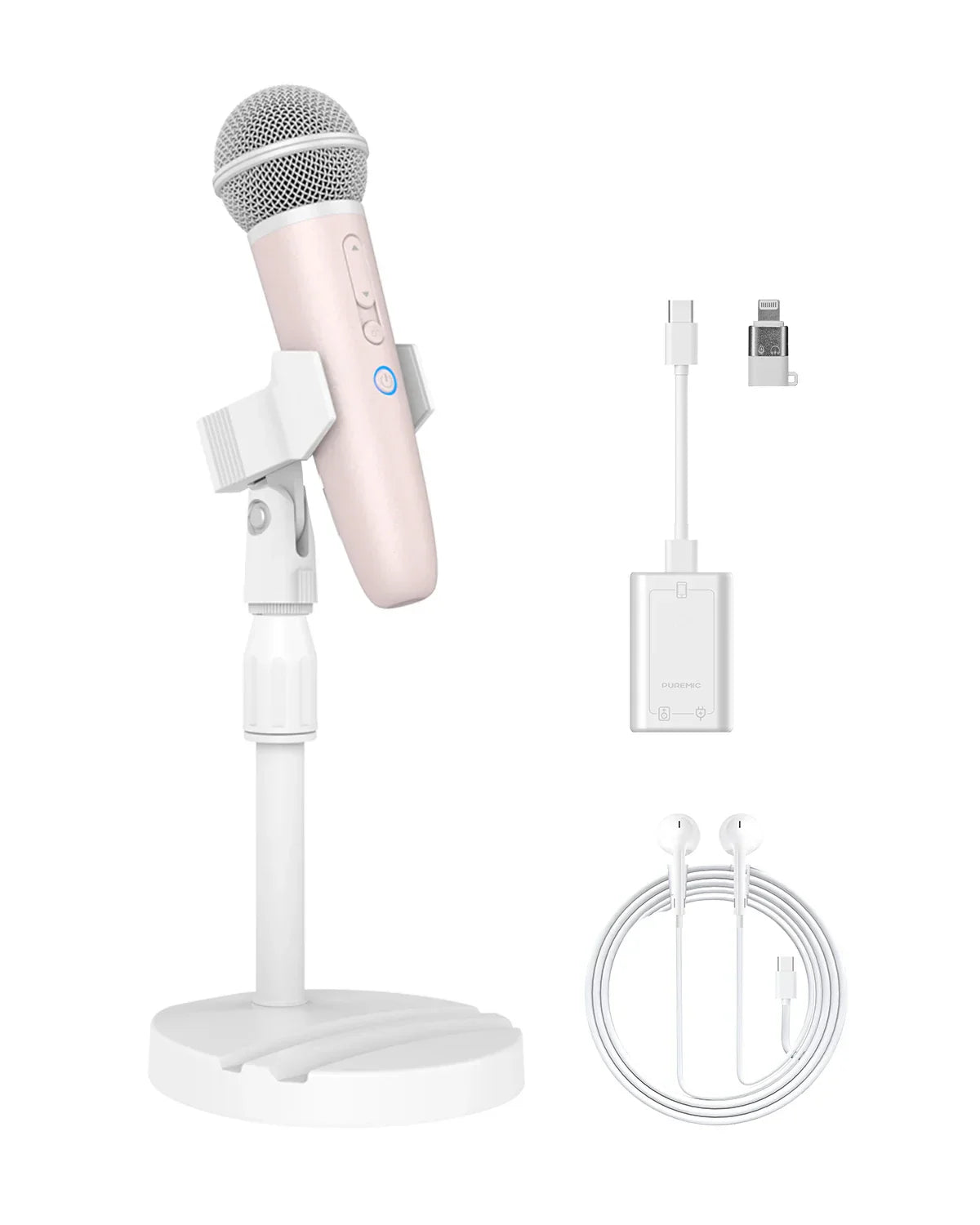 Pink handheld sing and record microphone with silver mesh grille and earphone feedback karaoke for spotify smule youtube use