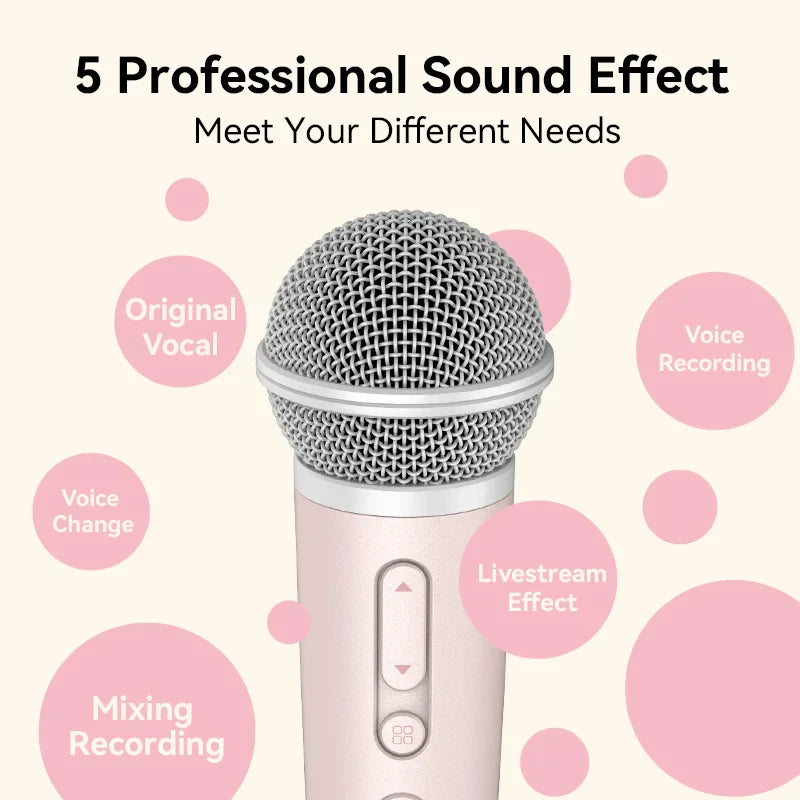 Pink handheld record microphone with silver mesh grille and control buttons for earphone feedback karaoke and spotify smule youtube