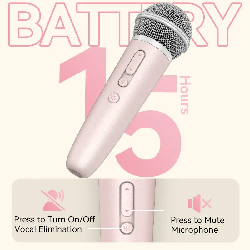 Pink wireless handheld sing and record microphone with silver mesh grille and earphone feedback karaoke for spotify smule youtube