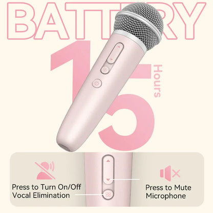 Pink wireless handheld sing and record microphone with silver mesh grille and earphone feedback karaoke for spotify smule youtube