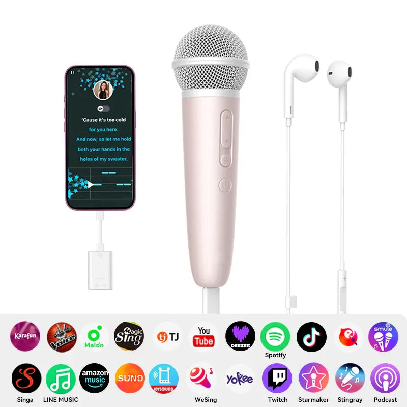 Rose gold handheld sing and record microphone with silver mesh grille and earphone feedback karaoke for spotify smule youtube