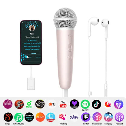 Rose gold handheld sing and record microphone with silver mesh grille and earphone feedback karaoke for spotify smule youtube