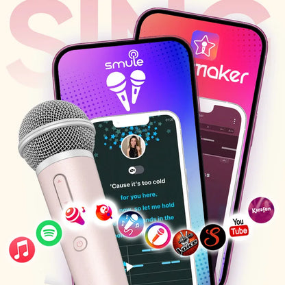 A sleek rose gold handheld sing and record microphone with metallic grille and earphone feedback karaoke for spotify smule youtube