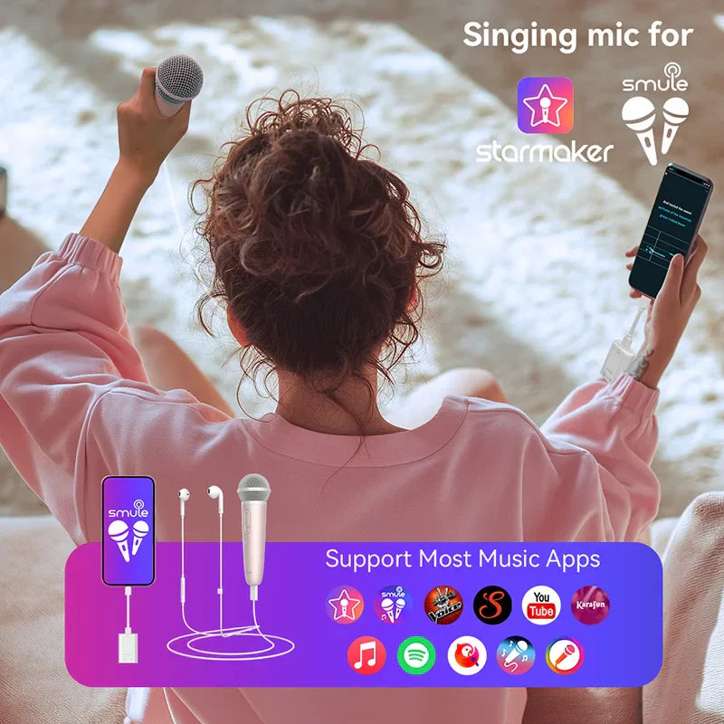 White sing and record microphone with metallic grille and earphone feedback karaoke for spotify smule youtube use